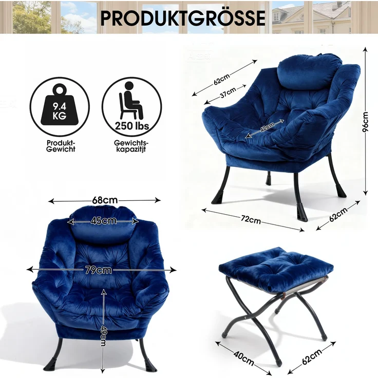 Loungesessel Set mit Hocker, Polyester Bezug, Metallgestell, bis 150kg, ergonomisch, klappbar, für Wohnzimmer Garten,Dunkelblau – Bild 5