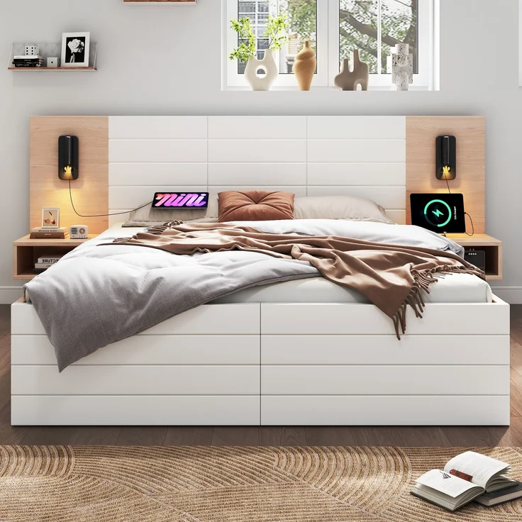 Bettgestell Massivholz/MDF mit Lattenrost, USB-Anschluss & 2 Schubladen, 140x200 cm, Weiß/Eiche, ohne Matratze – Bild 2