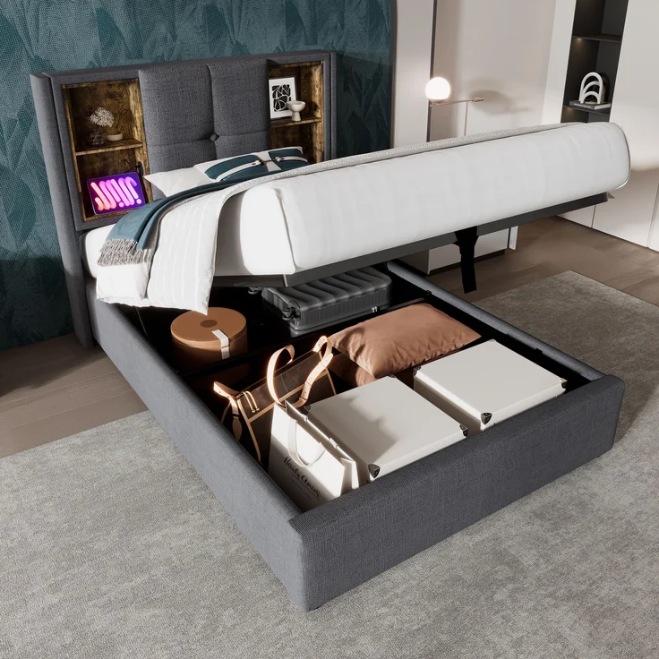 Einzelbett Polsterbett Baumwolle mit Stauraum & USB-Anschluss, 95x206x100,5 cm, Grau, ohne Matratze – Bild 9