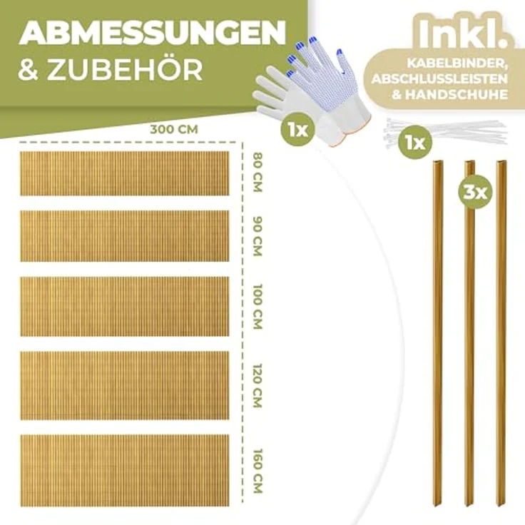 KESSER® PVC Sichtschutzmatte Sichtschutzzaun 120x300cm Balkonverkleidung Windschutz verstärkte Lamellen für Garten Balkon & Terrasse Balkonumrandung inkl Kabelbindern, Abdeckung & Handschuhe Bambus – Bild 7