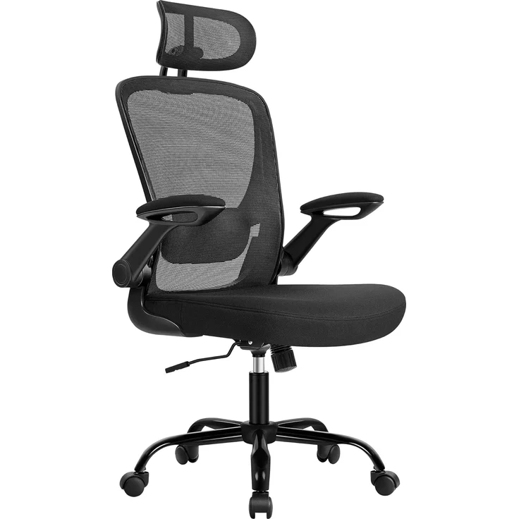 SONGMICS Bürostuhl ergonomisch, Schreibtischstuhl, Drehstuhl mit Mesh, gepolsterte Lendenstütze, Wippfunktion, 53 cm große Sitzfläche, klappbare Armlehnen, Kopfstütze, tintenschwarz OBN047B01 – Bild 1