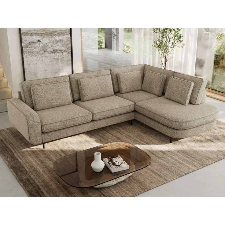 CALENO L-Form Ecksofa 317x225 cm, Massivholz-Rahmen & Wellenfedern, Sitzhöhe 51 cm, modernes Polstersofa rückenecht bezogen & freistehend - Dunkelbeige Strukture - Rechts Seite – Bild 4