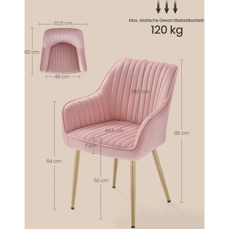 SONGMICS Esszimmerstuhl mit Armlehnen, Samt, 62,5 x 60 x 85 cm, 1x Armlehnenstuhl, Pastellrosa – Bild 3