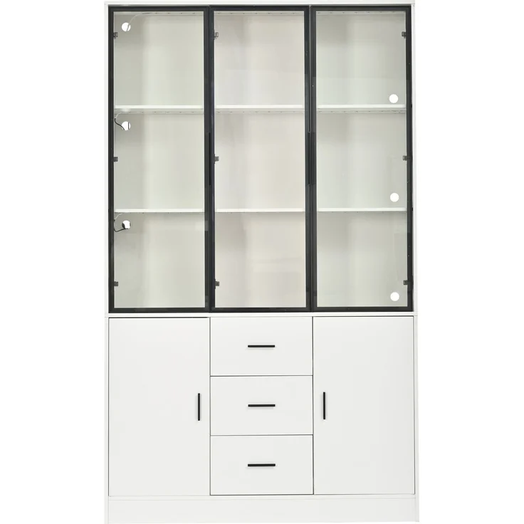 ZUBALIYA Vitrine mit Glasschrank Tür und LED-Licht, Vitrinenschrank Glasvitrine mit MultiStorage Bücherregal, Highboard Sammlervitrine mit Griff, 3 Schubladen & Türen, Wohnzimmerschrank, Weiß – Bild 17