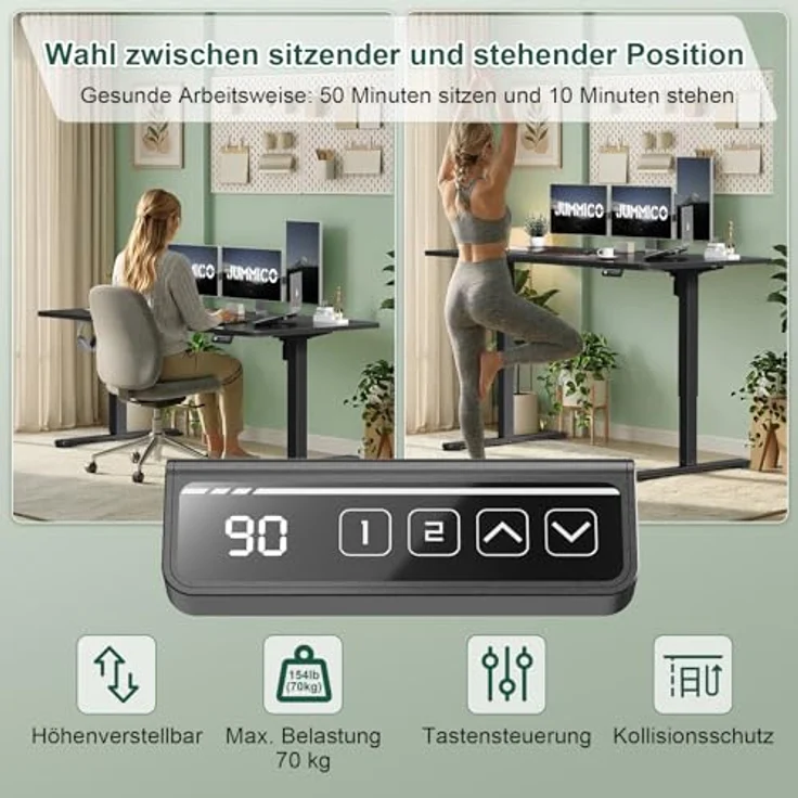 JUMMICO Höhenverstellbarer Schreibtisch 110x60cm, Standing Desk Elektrischer Schreibtisch Höhenverstellbar mit Memory-Funktion, Schwarz – Bild 4