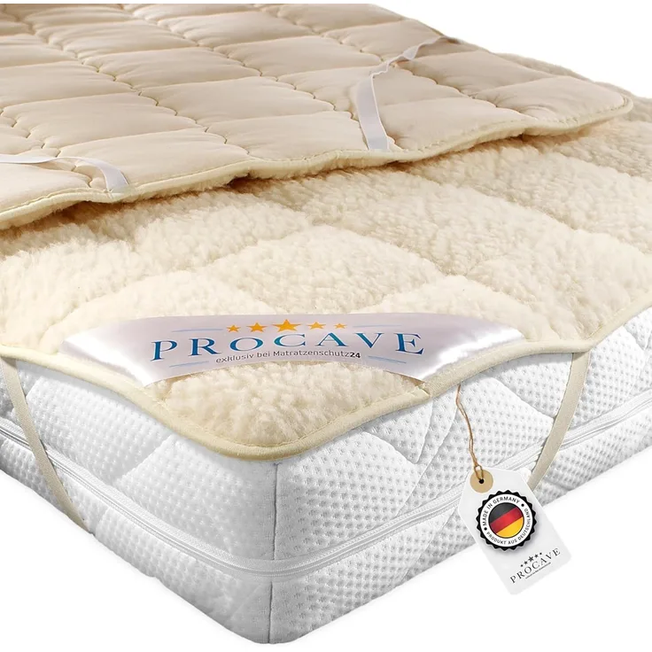 PROCAVE weiches Unterbett mit Lammflor und Schurwolle, hochwertige Matratzen-Topper, Matratzen-Schoner mit 4 Eckgummis, Matratzen-Auflage 200x190 cm