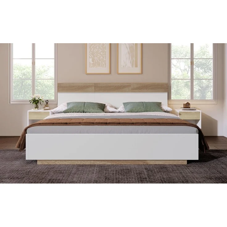 Holzbett Schwebebett mit Kopfteil & Lattenrost, 180x200 cm, 205x184x90,5 cm, Weiß/Eiche, ohne Matratze – Bild 7