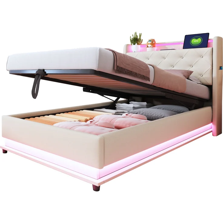 Polsterbett 90x200 cm aus Leinenstoff mit Stauraum und LED-Beleuchtung, ohne Matratze – Bild 7