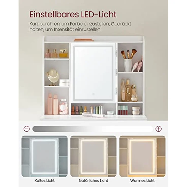 VASAGLE Schminktisch mit Beleuchtung, einstellbare Helligkeit, Hocker, Frisiertisch mit Spiegel, Kosmetiktisch mit verstellbaren Ablagen, 2 Schubladen, modern, wolkenweiß und pastellrosa – Bild 4