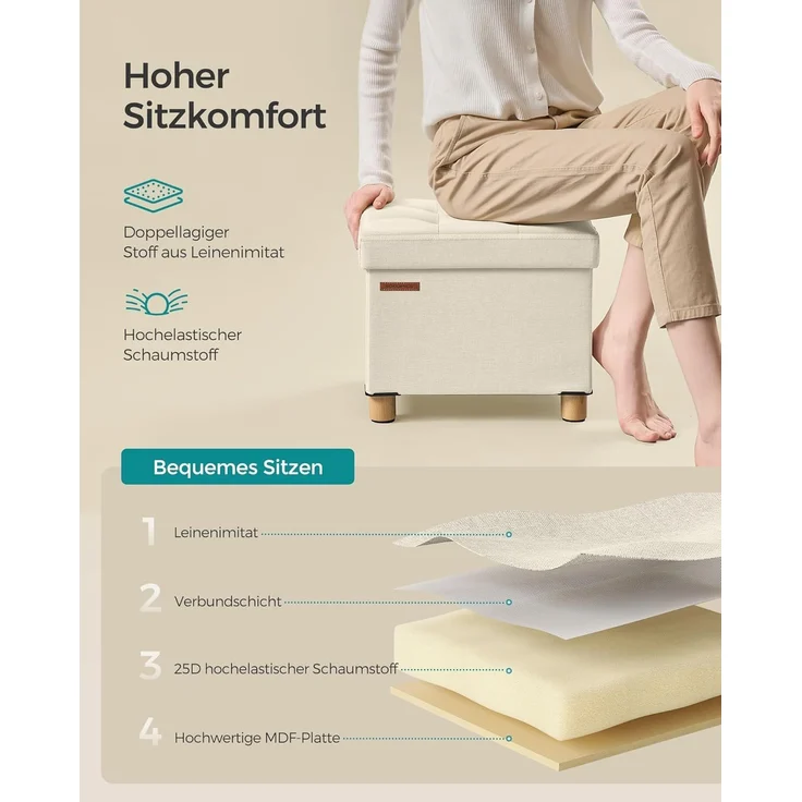 SONGMICS Sitzhocker mit Stauraum, kleine klappbare Sitzbank, 32x40 cm Fußbank, Aufbewahrungsbox, bis 300 kg belastbar, für Wohnzimmer Schlafzimmer Schlafsaal, cremeweiß LSF012W11 – Bild 5