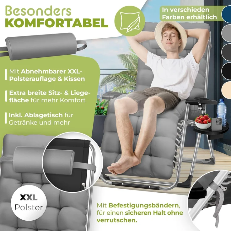 KESSER® Sonnenliege Liegestuhl Klappbar Mit Getränkehalter Gartenstuhl Mit Auflage Polster, Liegestuhl, Extra groß Gartenliege, Verstellbar Rückenlehne Garten Liege mit Kissen-Unterstützung Grau – Bild 2