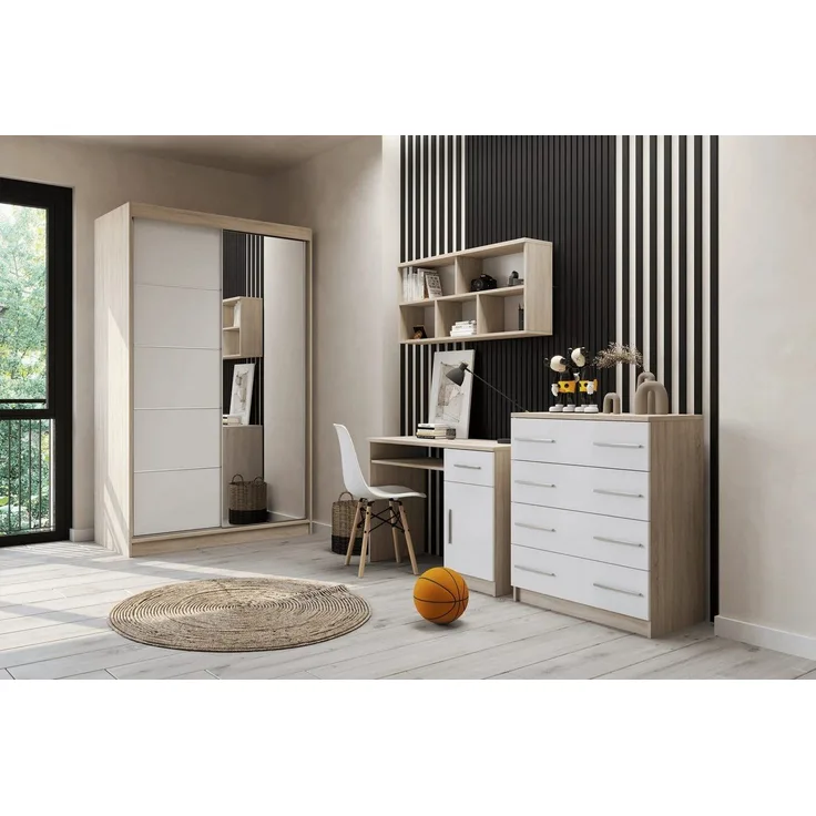 Deine Möbel 24 Jugendzimmer-Set TILL PLUS 05 Möbel Set in Weiß Matt oder Eiche Sonoma, (Set, 4-tlg, ideale Möbel für Kinder und Jugendliche), Modernes Set, Kleiderschrank, Schreibtisch, Kommode & Wandregal