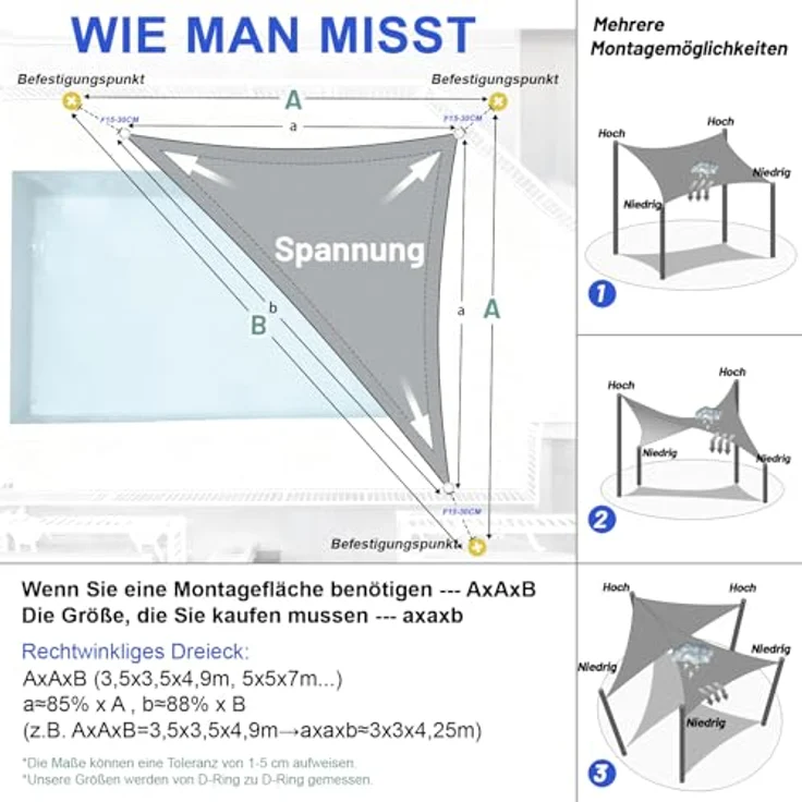 LOVE STORY Sonnensegel Wasserdicht 4 x 4 x 5. 65m Dreieckig Rechtwinklig PES Polyester Sonnenschutz Windschutz Balkon Terrasse 95% UV-Schut,für Balkon Garten,Hellgrau – Bild 6