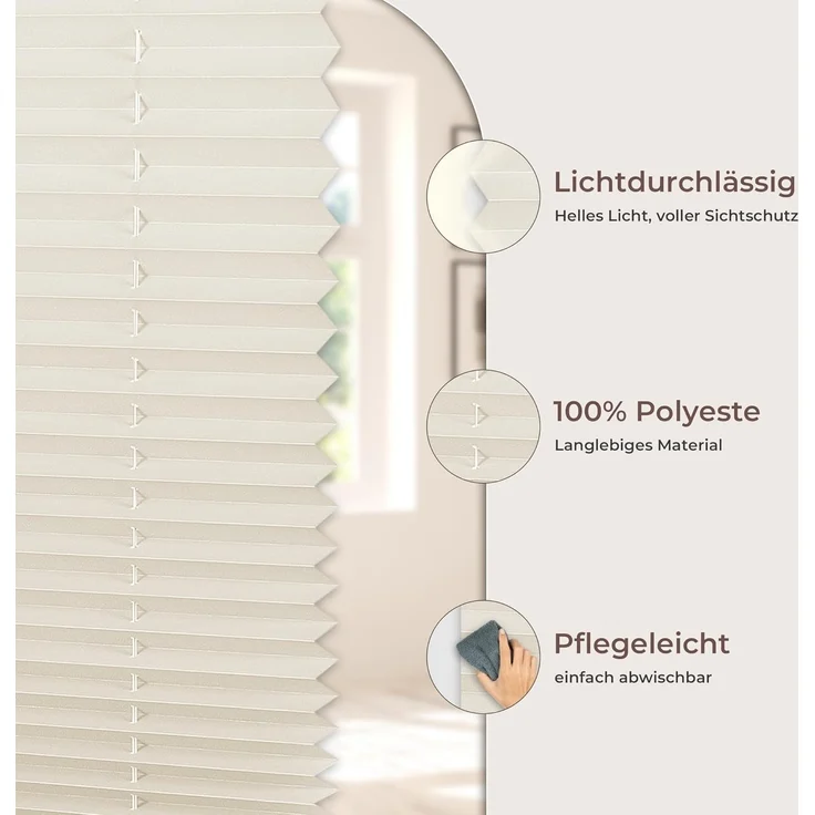 Allesin Plissee ohne Bohren Plissees Klemmfix Beige 115x120 cm(BxH), Plisseerollo Faltrollo mit Klemmträger, Jalousie Rollos für Fenster und Tür, Sichtschutz und Sonnenschutz – Bild 7