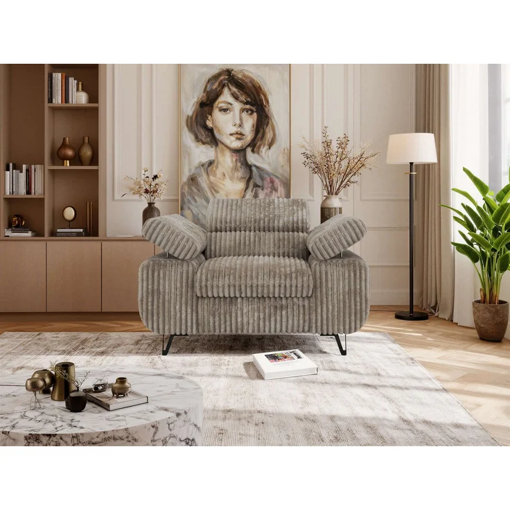 Einzelsessel, Polstersessel PETER mit verstellbaren Armlehnen und Kopfstütze, 1-Sitzer Sofa, Ohrensessel, Wellenfeder - Hellbraun Cord – Bild 4