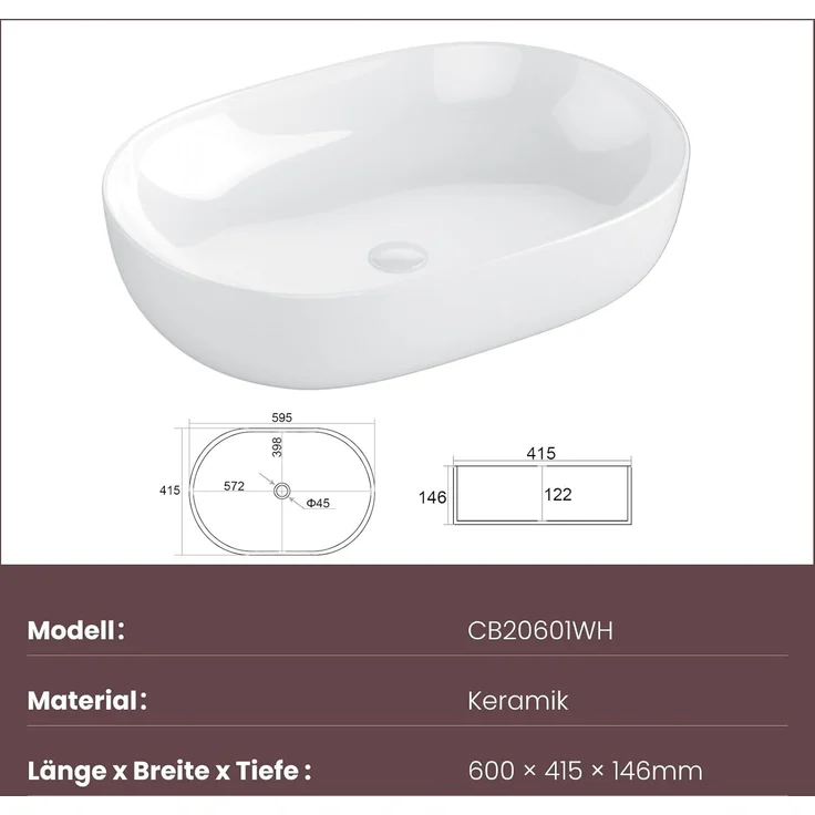 EMKE Waschbecken – Aufsatzwaschbecken Oval, 60 x 41 x 13 cm, Weiß, Kratzfest Waschbecken Bad, Leicht zu Installieren & Reinigen, Waschtisch für Bad & Gäste-WC – Bild 7
