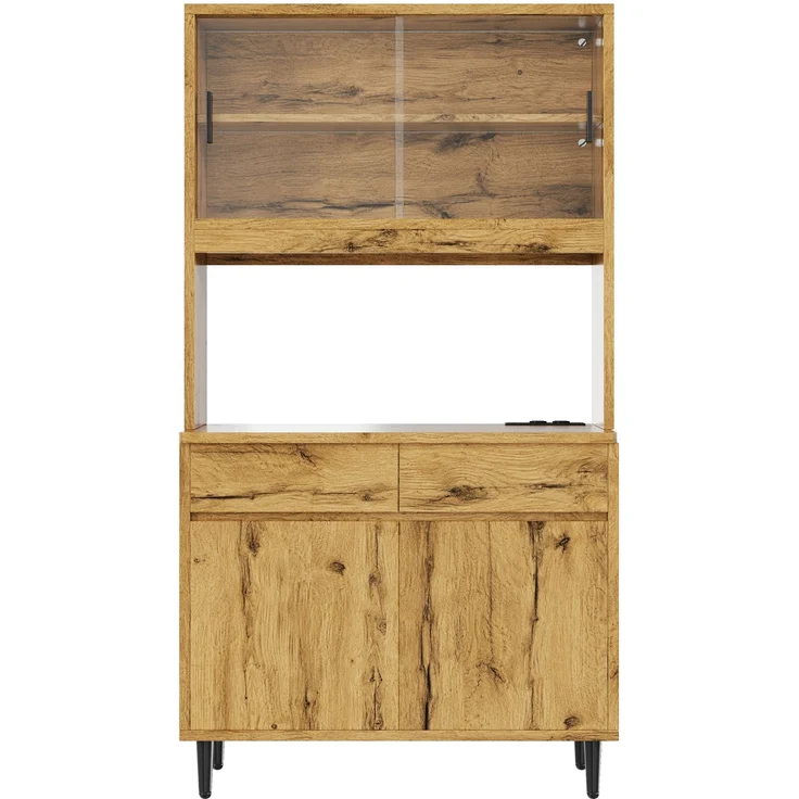 Merax Buffetschränke, Esszimmer-Hochschrank 100*40*185 cm, mehrstufigem Stauraum, integrierter Steckdose sowie USB-C- und USB-A-Anschlüssen,Mit farbigem Lichtstreifen, Eichenfarbe – Bild 7