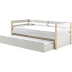 Kojen Bett Margrit mit Umrandung u. Rolllattenrost, Liegefläche 90x200, inkl. Bettschublade auf Rollen, Ausf. Weiß lackiert, Bettpfosten Kiefer natur lackiert