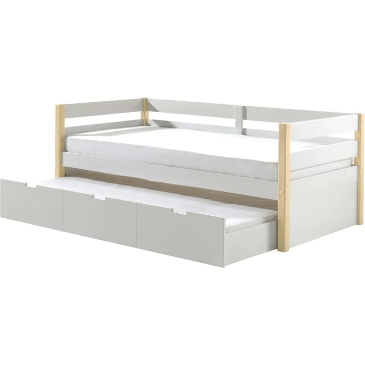Kojen Bett Margrit mit Umrandung u. Rolllattenrost, Liegefläche 90x200, inkl. Bettschublade auf Rollen, Ausf. Weiß lackiert, Bettpfosten Kiefer natur lackiert