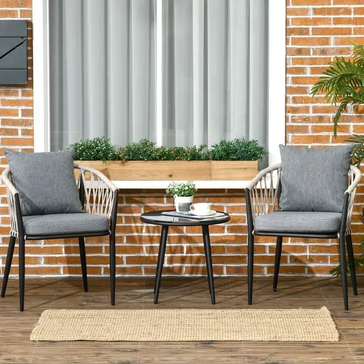 MELAYR, Gartenmöbel Set für 2 Personen inkl. 1 Tisch, 2 Stühlen mit Sitzkissen, Balkon-Set, Stahl, Grau, 57 x 60 x 75 cm – Bild 3
