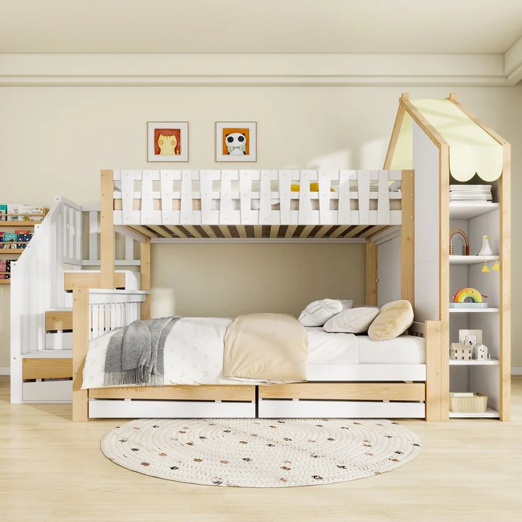 Etagenbett 90x200 cm + 140x200 cm mit Hausdach-Design, Sicherheitsgeländer, Stauraumleiter, offenen Fächern & 2 Schubladen – Bild 5