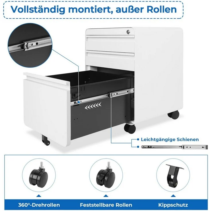 Dripex Aktenschrank Metall Rollcontainer Stahl Büroschrank mit 2/3 Schubladen – Bild 3