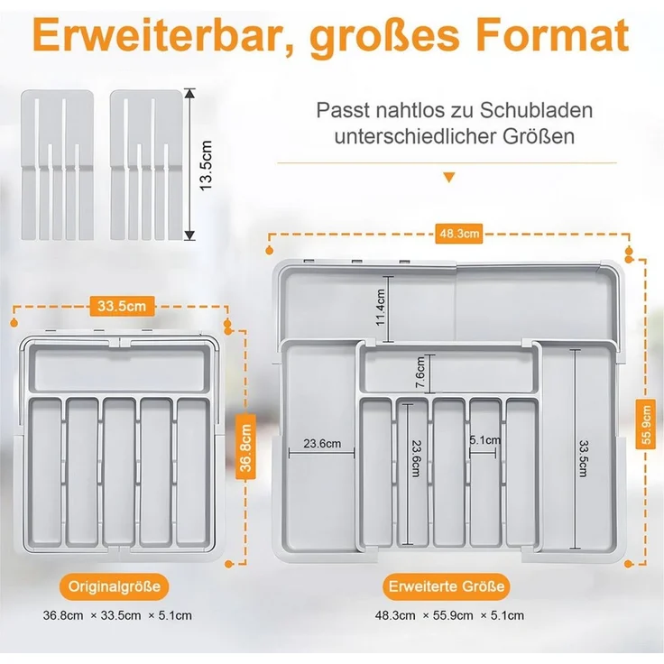 AIMAX Organizer Ausziehbarer Besteckkasten für Schubladen mit Abnehmbar Messerhalter (PP Besteckhalter Besteckeinsatz Schubladeneinsatz Besteckorganizer, 1 St, 9 Fächer, Platzsparend & Erweiterbar 33–36.8 bis 48.2–55.8 cm(Grau), Küchenschubladen Organi... – Bild 2