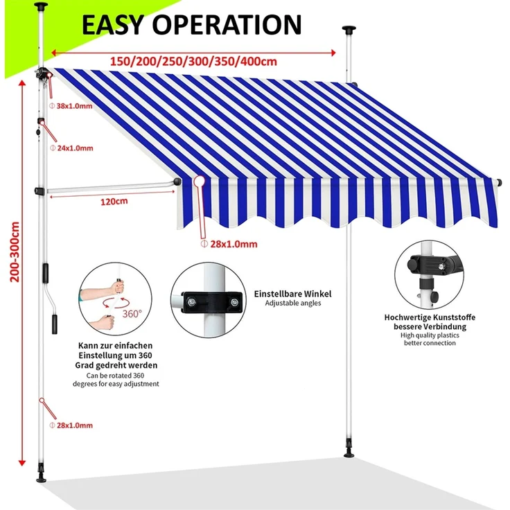 Klemmmarkise Sonnenschutz Markise 150-400cm LED Balkon Terasse Fenstermarkise Ausziehbar Windschutz – Bild 5