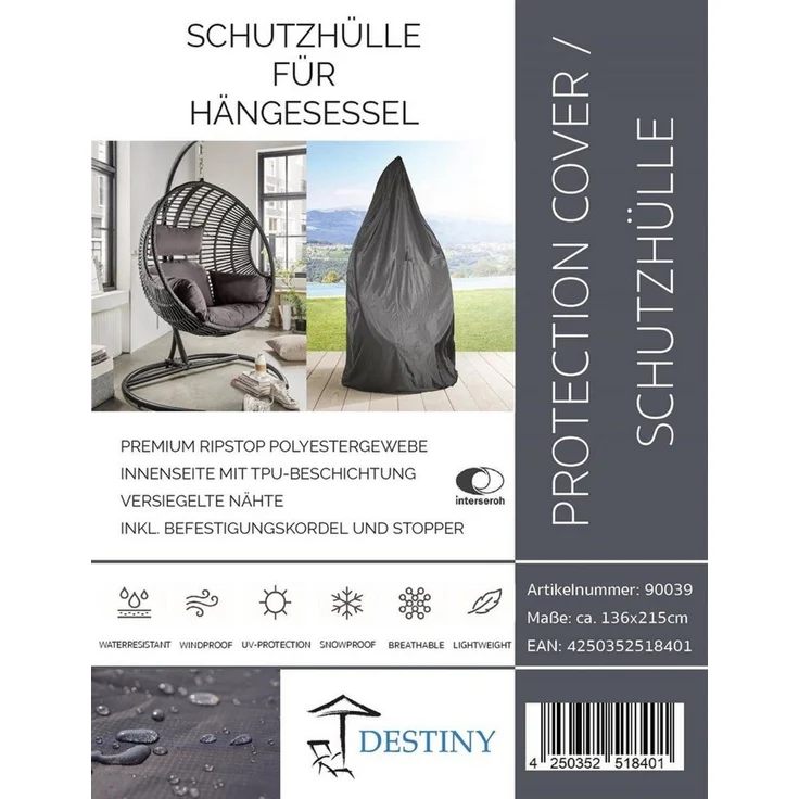 Destiny Gartenmöbel-Schutzhülle für Hängesessel, Maße 136x72x215cm, Ripstop-Polyestergewebe – Bild 3