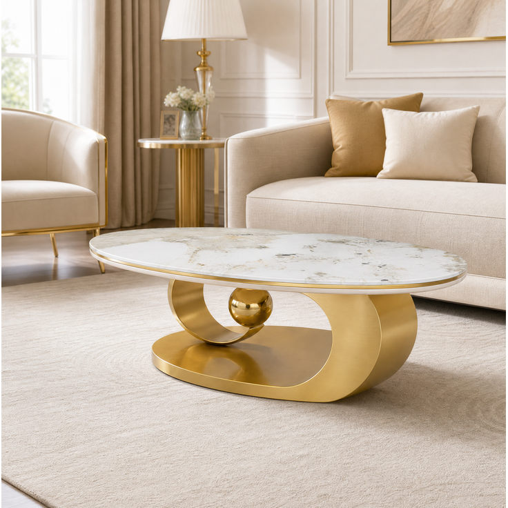 Ovaler Couchtisch 120 x 67 x 45 cm mit Tischplatte in weißer Marmoroptik und goldfarbenem Edelstahlgestell – Bild 3