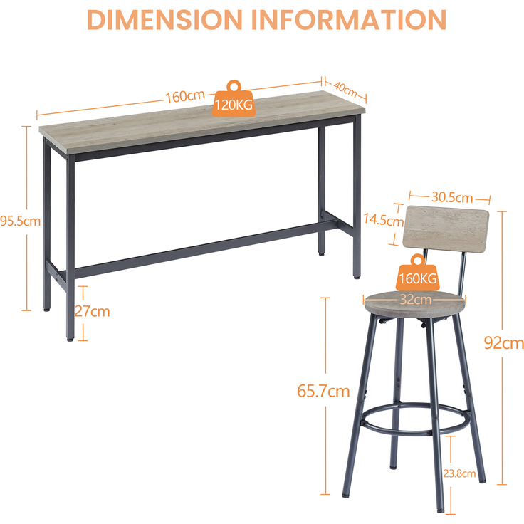 Bartisch-Set 160x40x95,5 cm mit 3 Barhockern, Schwarz/Grau, Spanplatte und Stahl – Bild 4