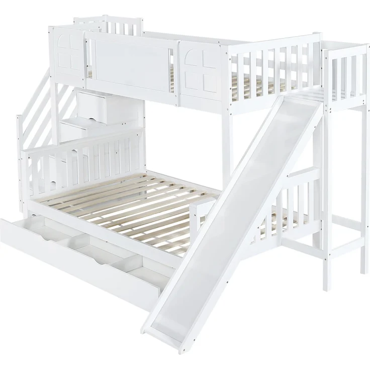 Merax 90x200cm Etagenbett, Kinderbett Mit Fenster, Mit Kinderrutsche, Schubladen mit Rollen, Treppen mit Handlauf, Mit 4 Schließfächer in der Treppe, Weiß – Bild 9