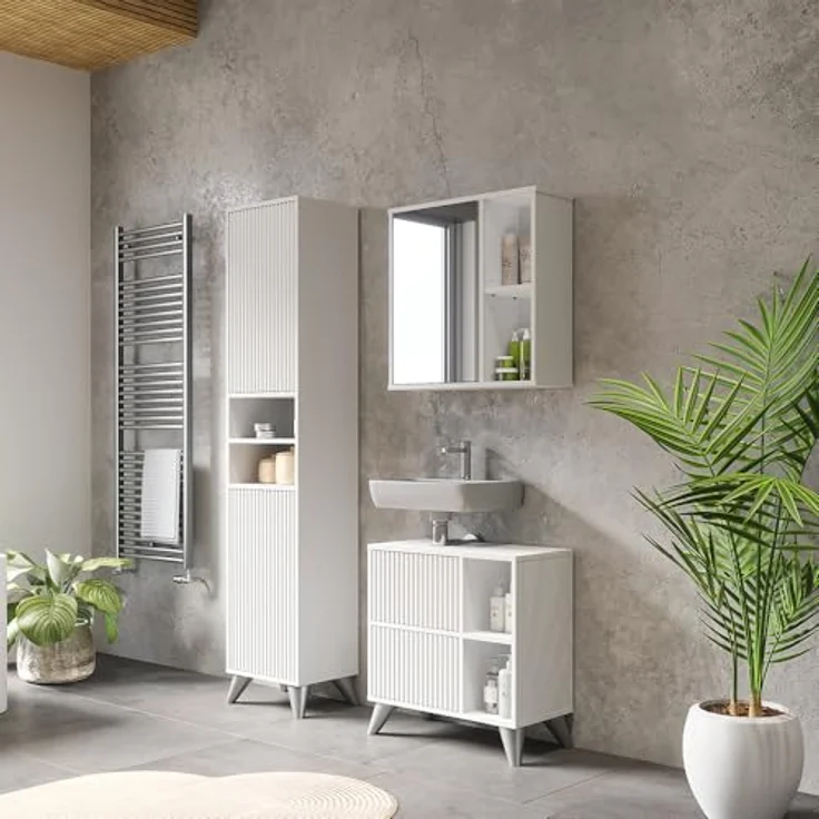 Vichy Badmöbel-Set Leano, Weiss, 3-teilig mit Waschbeckenunterschrank und Spiegelschrank, hochwertige Verarbeitung – Bild 4