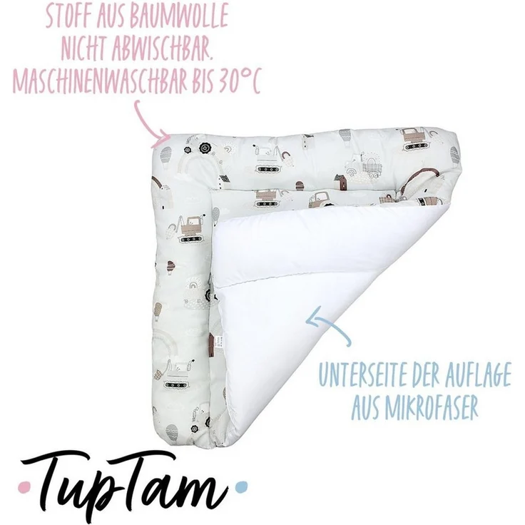 TupTam Baby Wickeltischauflage mit Baumwollbezug Gemustert, Farbe: Traktoren/Regenbögen/Beige, Größe: 70x50 cm – Bild 3