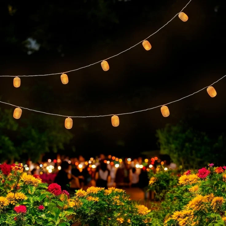 Spetebo LED-Lichterkette Solar Deko Beleuchtung mit 10 ovalen Lampions in Rattan Optik - 450 cm, 10-flammig, mit integriertem Akku – Bild 5
