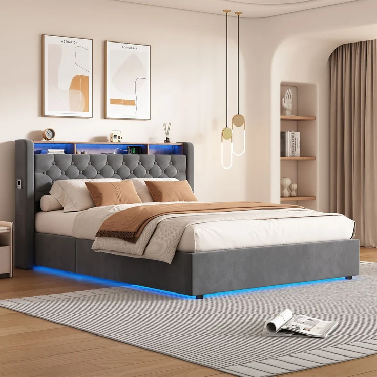 MODFU Polsterbett Mit Stauraum,LED-Beleuchtung und USB-Anschlüssen (Funktionsbett, 1-tlg, Stabiler Metallrahmen, inkl. Lattenrost, ohne Matratze), 140x200 cm, Hollandvelours, Kopfteil-Ablage – Bild 4