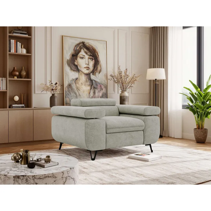 Einzelsessel, Polstersessel PETER mit verstellbaren Armlehnen und Kopfstütze, 1-Sitzer Sofa, Ohrensessel, Wellenfeder - Hellgrau Stukture