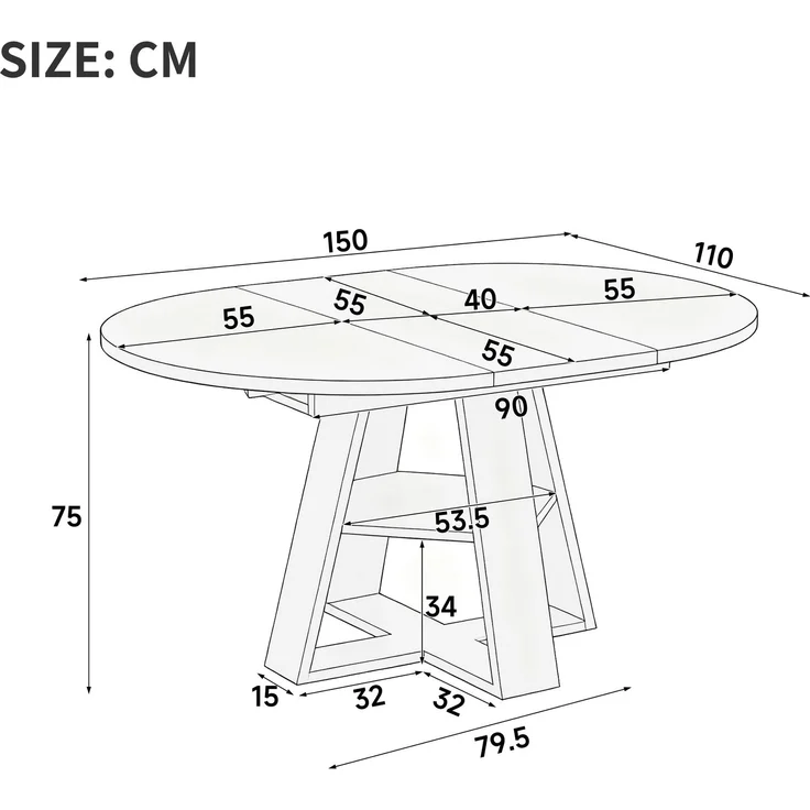 Esstisch ausziehbar, Ø 110 cm, ausgezogen B 150 x T 110 x H 75 cm, MDF in Schwarz mit Ablage – Bild 5