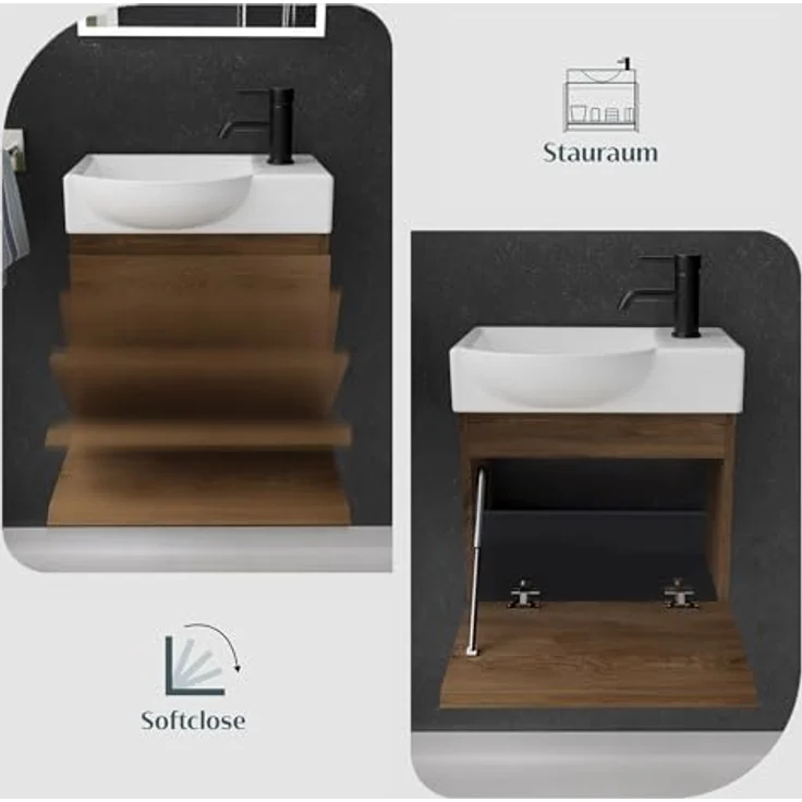 Alpenberger Badmöbel-Set - Gäste WC Waschbecken mit Unterschrank 45 cm Breit, (Badschrank 2-tlg, Waschtisch hängend), Waschbeckenunterschrank mit Softclose - Farbe Eiche - Links Becken – Bild 5