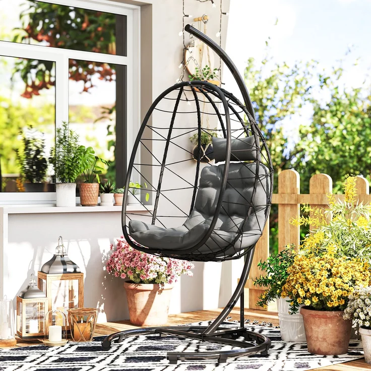 MELAYR, Hängesessel Outdoor Hängesessel Egg Chair, wetterbeständig, inkl. Polster, 102 cm x 102 cm x 195 cm, Schwarz – Bild 3
