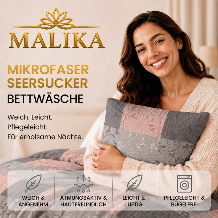 Malika Bettwäsche aus 100 % Mikrofaser, 1x 200x200 + 2x 80x80 cm, Seersucker, Ranke-Rose, Seersucker, 3 teilig, Für Allergiker geeignet, pflegeleicht, angenehm weicher Stoff – Bild 4