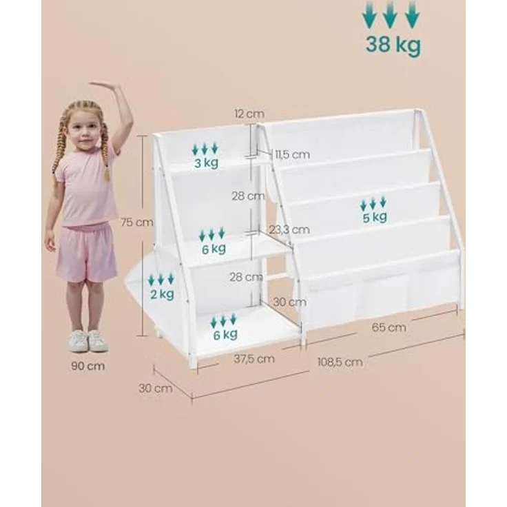 SONGMICS Bücherregal Kinder, mit Seitentasche, Stahl/Textil/Holz Weiß, 30 x 108,5 x 75 cm – Bild 3