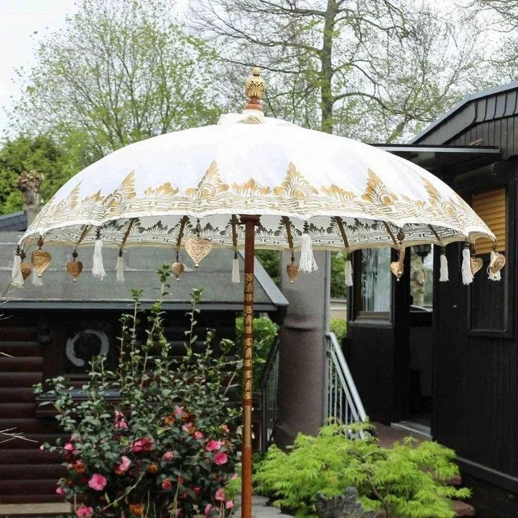 Oriental Galerie Sonnenschirm Balinesischer Sonnenschirm 180 cm Einfache Bemalung Weiß Gold – Bild 2