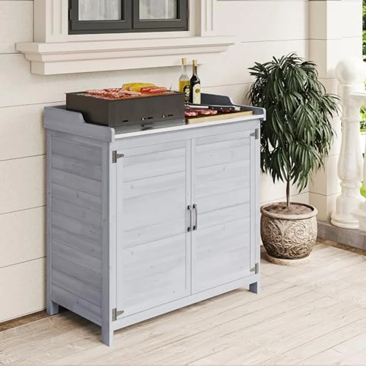 Bealife Pflanztisch mit Unterschrank, Gartenschrank mit Arbeitsplatte mit 1 Bewegbarer Einlegeboden für den Innen- und Außenbereich (Grau, 48T x 98B x 95H) – Bild 11