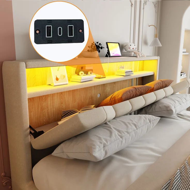LVHOM Doppelbett 180 x 200cm mit Hydraulik und Stauraum, Funktionsbett mit LED & USB, Polsterbett mit Kopfteil-Fach, Leinen, Beige – Bild 4
