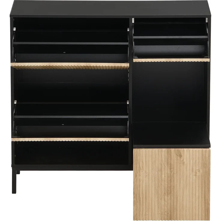 ZUBALIYA Schuhschrank (100 x 25 x 100 cm), 3 Klappfächer, Offener Stauraum, Stauraum für Flur und Eingangsbereich, Schwarz / Naturfarben – Bild 20