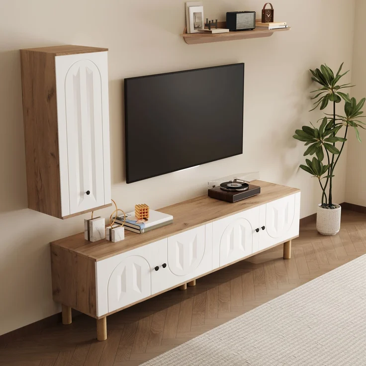 Wohnwand, 3-tlg, best, aus: Highboard, Schränke, Wandboard, Weiße und hölzerne, geschnitzte Türpaneele.--Weiß+Natur--110.01x45.09x17.68cm--YOUDENOVA – Bild 5