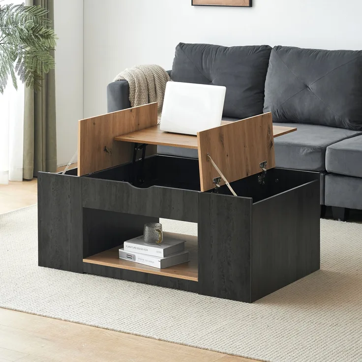 LVHOM Couchtisch mit Stauraum, Höhenverstellbarer Kaffeetisch mit versteckten Fächern, Laptoptisch für Wohnzimmer, Eiche-Optik/Grau, 109x60x43 cm