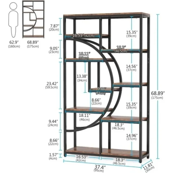 DESVIAE Regal mit 9 offenen Fächern aus Metall und Holz, Schwarz/Rustikbraun, 95 x 30 x 174 cm – Bild 7