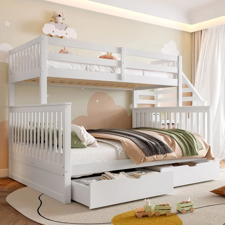 Etagenbett 90x200 & 140x200 cm, Kinderbett und Jugendbett, mit Schubladen und Stauraum, Kiefernholz, Weiß – Bild 4